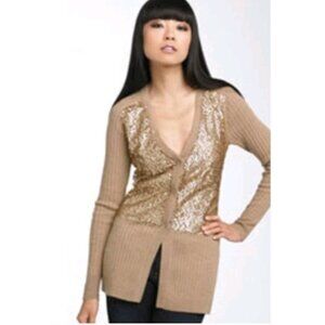 Nanette Lepore  Merino Wool Sequined Snap Closure Cardigan Sweater Brown Medium